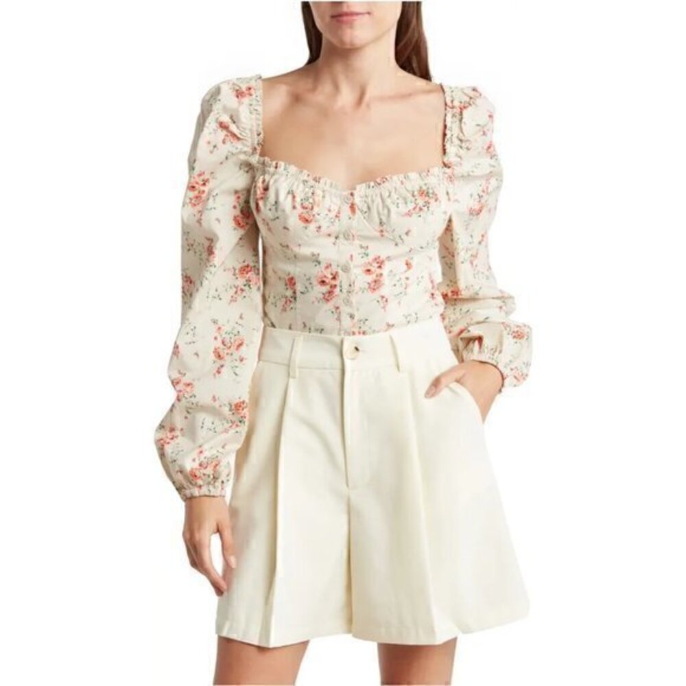 We Wore What Floral Ruched Long Sleeve Crop Top Square Neck Size L NWT
